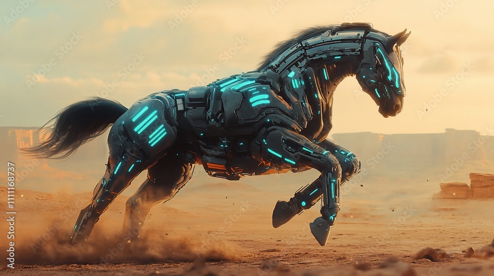 Obraz premium A futuristic robotic horse gallops across a desert landscape, showcasing advanced technology.