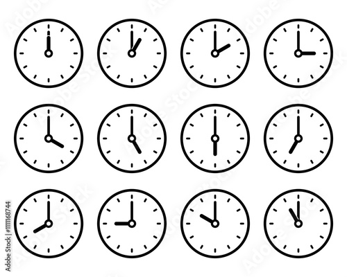 A series of vector clock icons showing different times. Featuring a clock design, these illustrations are presented on a clean white background.