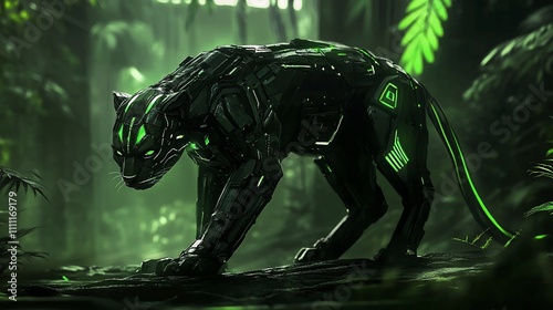 A futuristic panther with a sleek, robotic design in a lush, green jungle setting. photo