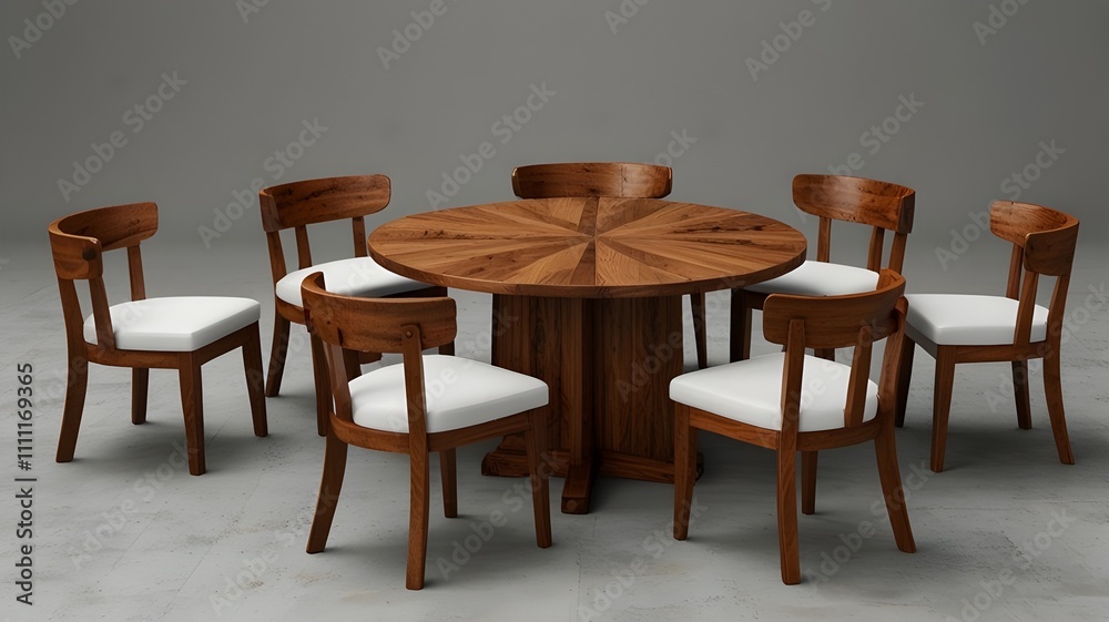 A set of circular wooden dining tables and chairs set against a clear or white backdrop A set of circular wooden dining tables and chairs set against a clear or white backdrop