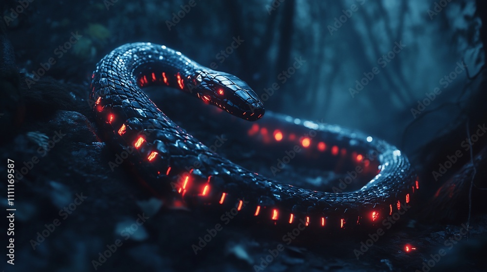 A glowing snake slithering through a dark, misty forest, creating a mystical atmosphere.