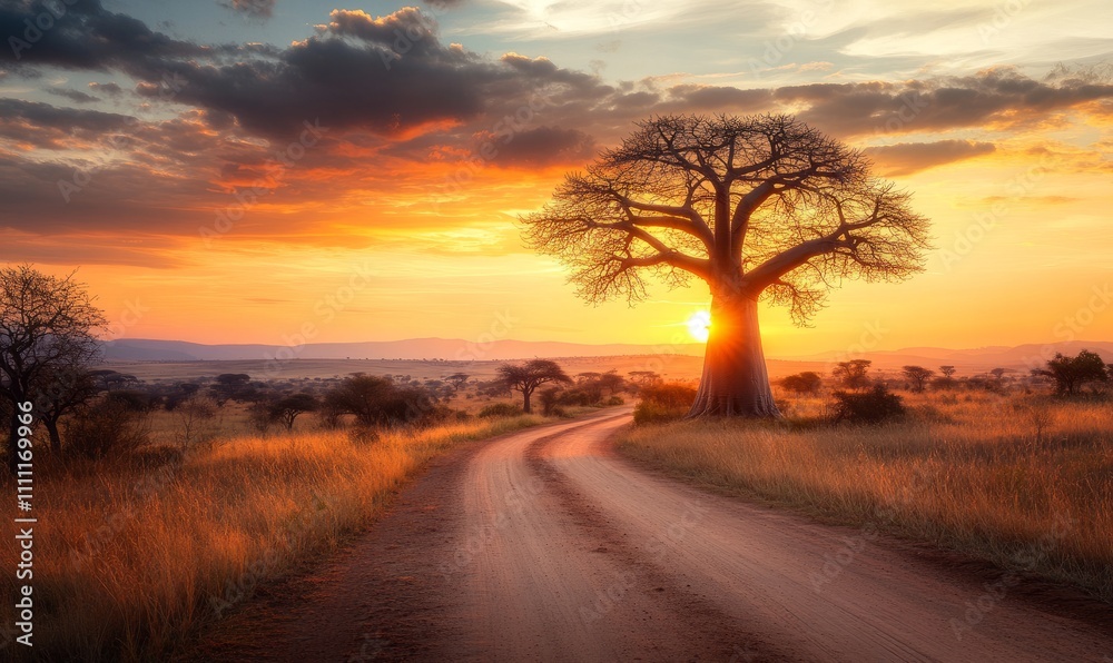A solitary baobab tree stands tall at sunset along a dirt road, casting long shadows as the sun dips below the horizon A solitary baobab tree stands tall at sunset along a dirt road, casting long shadows as the sun dips below the horizon