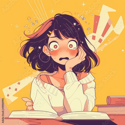 Anime girl reading a book wallpaper. Anime, illustration of a girl reading a book, manga character, coloring book, kawaii coloring book, scared, shocked look