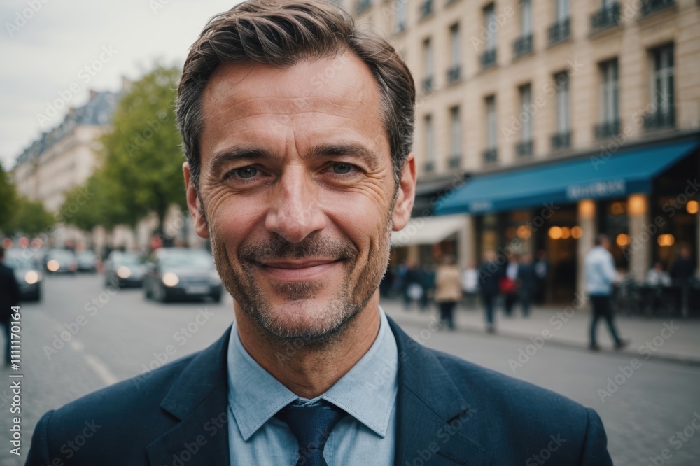 Close portrait of a smiling 40s French businessman looking at the camera, French big city outdoors blurred background Close portrait of a smiling 40s French businessman looking at the camera, French big city outdoors blurred background