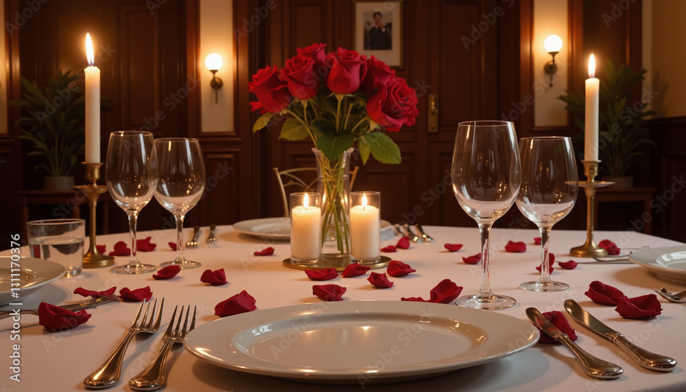 Elegant romantic dinner table setting with red roses, candles, and rose petals for a special Valentine's Day celebration Elegant romantic dinner table setting with red roses, candles, and rose petals for a special Valentine's Day celebration