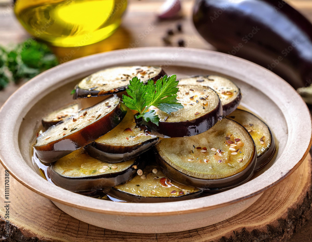 Marinated eggplant slices topped with herbs and spices are arranged in a ceramic bowl, with olive oil and fresh eggplant visible in the background. Marinated eggplant slices topped with herbs and spices are arranged in a ceramic bowl, with olive oil and fresh eggplant visible in the background.