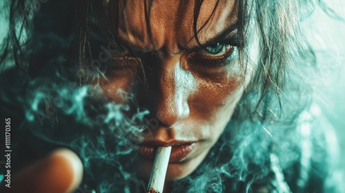 The image captures a person's intense gaze amidst swirling cigarette smoke, creating a dramatic and gritty atmosphere, emphasizing raw emotion and mystery. photo