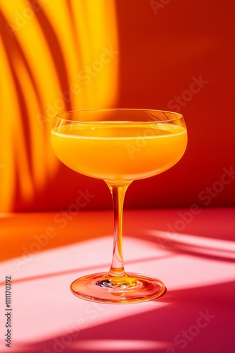 orange sleek cocktail in a coup glass on a pink orange gradient background, vibrant, minimalist