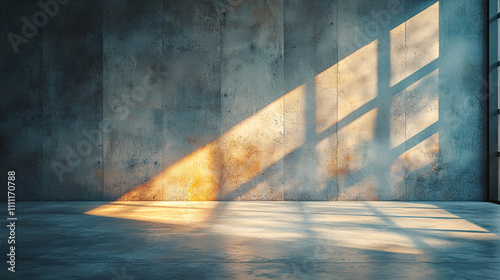A minimalist interior space featuring a textured wall and sunlight streaming through windows  creating beautiful shadows on the floor.