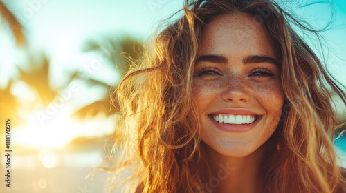 A vibrant image of a smiling woman with curly hair basking in the golden light of sunset, creating a warm, joyful, and relaxed atmosphere in an outdoor setting.