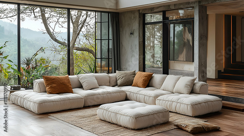 A cozy, modern living room features a spacious, light-colored sectional sofa with decorative cushions, surrounded by large windows and natural greenery.