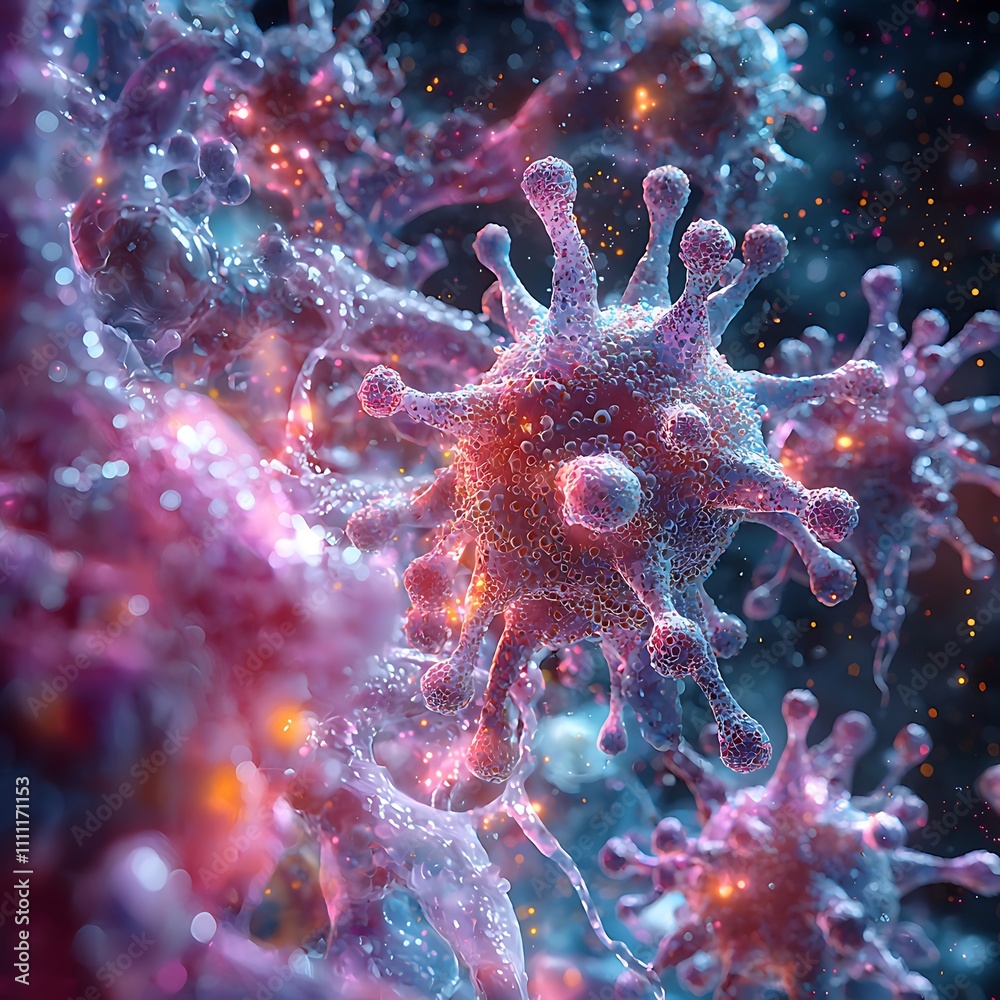 Microscopic view of viruses, complex structures, glowing, vibrant colors, detailed rendering. Microscopic view of viruses, complex structures, glowing, vibrant colors, detailed rendering.