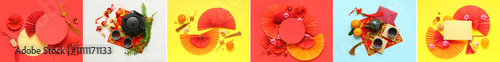 Collage of paper fans and s...