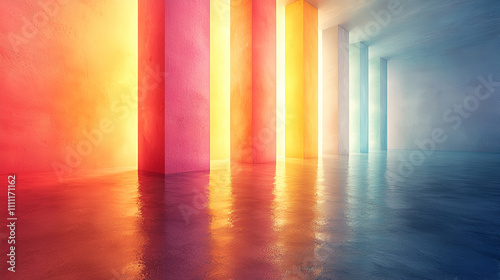 A vibrant  abstract space featuring illuminated pillars in hues of red  orange  yellow  and blue  reflecting on a smooth surface.