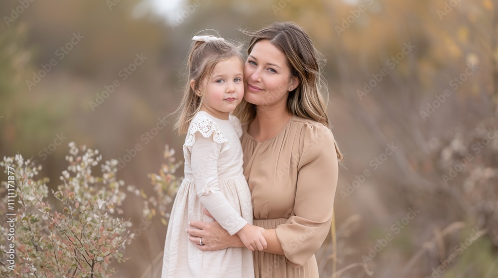 Fototapeta premium Loving mother and daughter in natural setting, warm earthy tones, outdoor family portrait, soft natural light, emotional bond, peaceful moment, autumn-inspired photography