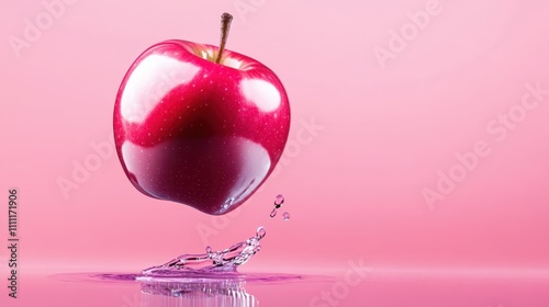 A glossy red apple appears to hover in mid-air as splashes of pink water create an artistic and energetic effect below, symbolizing health and vitality. photo