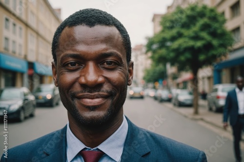 Close portrait of a smiling 40s Guinean businessman looking at the camera, Guinean big city outdoors blurred background