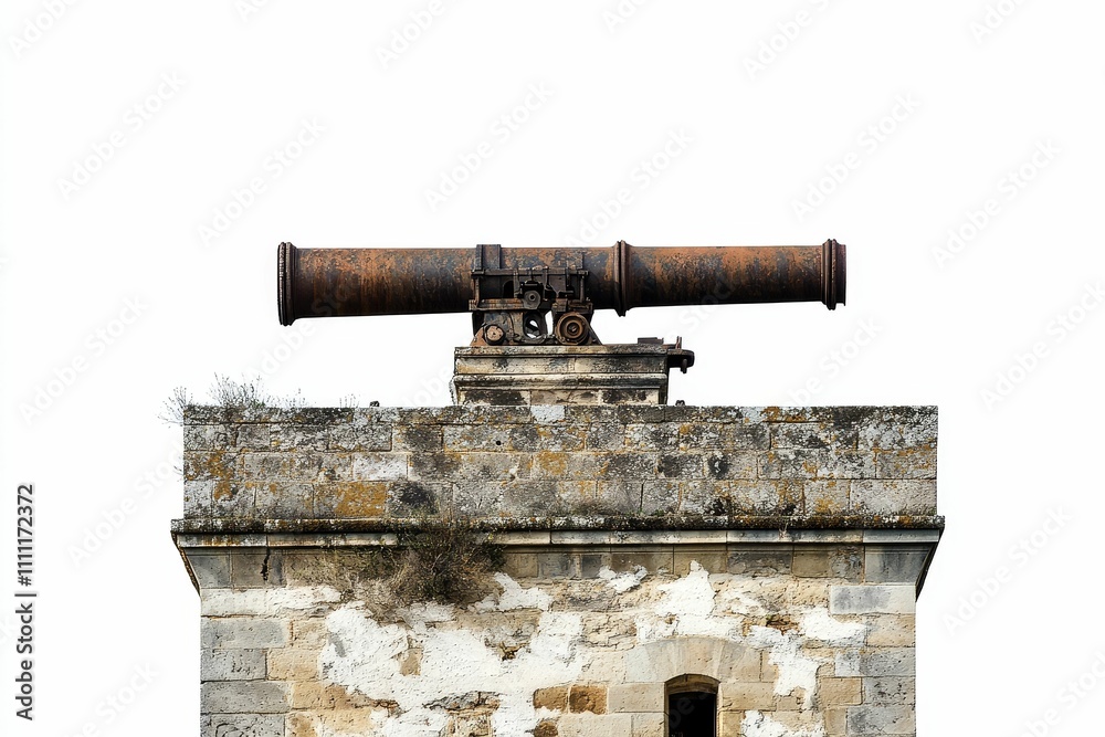 Rusty cannon atop weathered stone tower. Rusty cannon atop weathered stone tower.