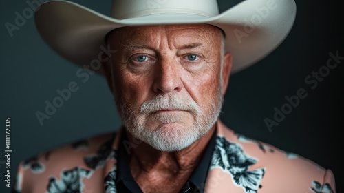 The image captures an elderly man in a cowboy hat and floral blazer, his white beard and intense gaze exuding authority and charm, set against a dark background.