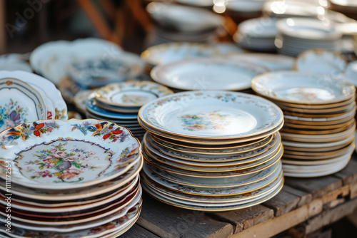 Vintage dishes, pile of old plates. Second hand household objects for sale at flea market, garage sale, thrift store, charity shop. Zero waste, sustainable lifestyle photo