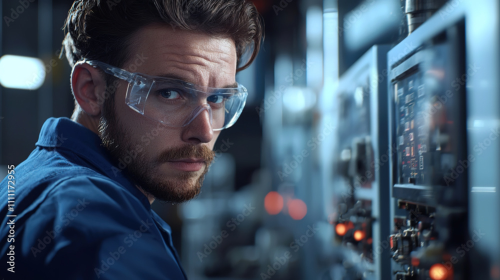 A close-up of a technician conducting maintenance on a gas compressor station, wearing a blue jumpsuit and safety glasses A close-up of a technician conducting maintenance on a gas compressor station, wearing a blue jumpsuit and safety glasses