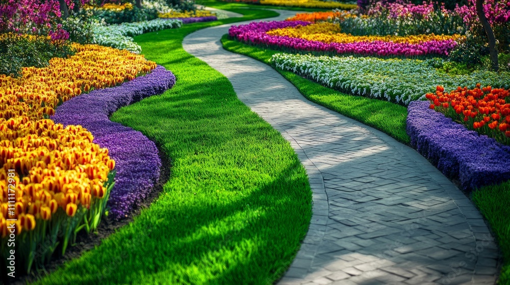 Obraz premium Serene Garden Path, a peaceful walkway meanders through a lush lawn bordered by vibrant flowering plants, inviting relaxation and leisurely strolls amidst nature's beauty.