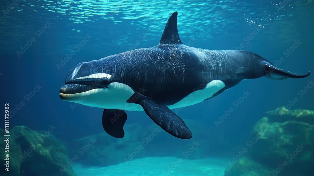 Obraz premium Orca swims gracefully underwater, ocean rocks.