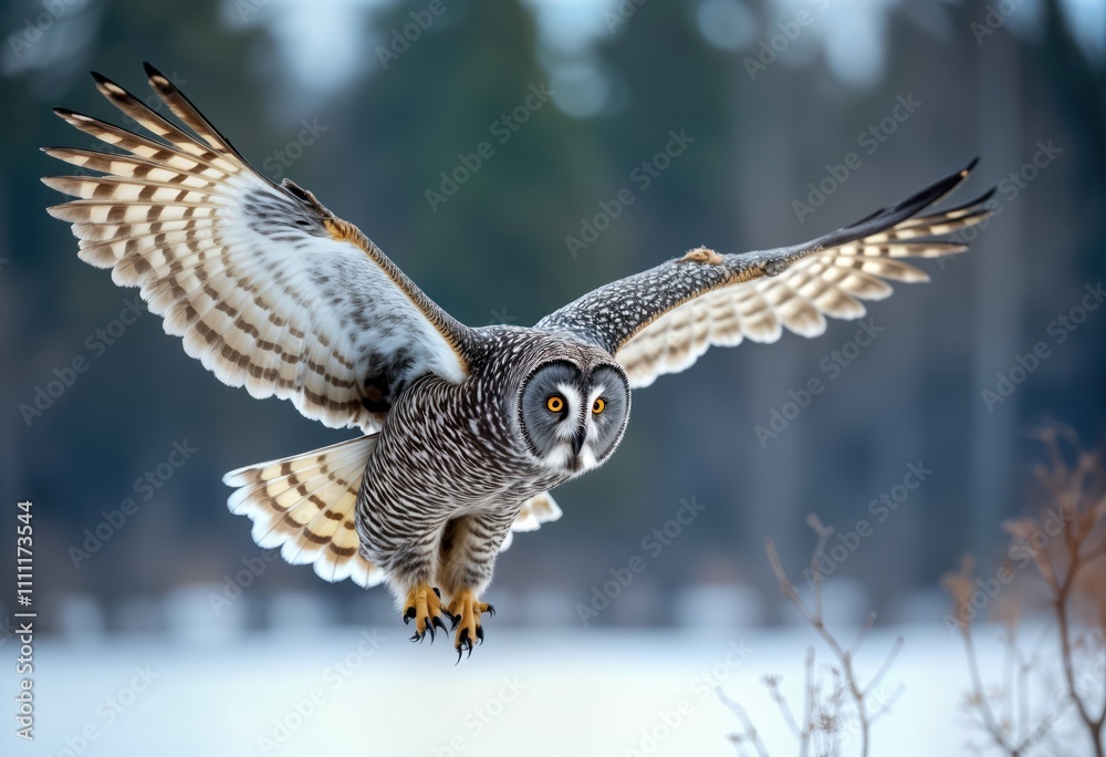 Obraz premium Great gray owl soars through winter forest. Majestic bird in flight with wings spread wide. Snowy landscape, bare trees background. Wildlife scene in Canadian forest. Owl in action during cold winter
