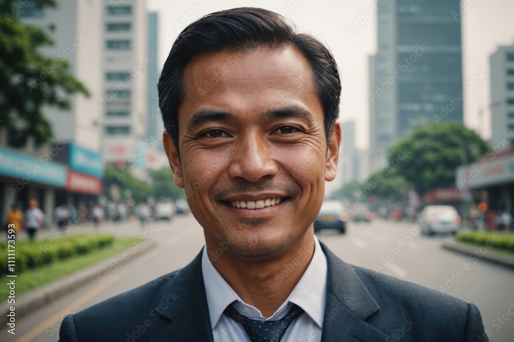 Close portrait of a smiling 40s Indonesian businessman looking at the camera, Indonesian big city outdoors blurred background Close portrait of a smiling 40s Indonesian businessman looking at the camera, Indonesian big city outdoors blurred background