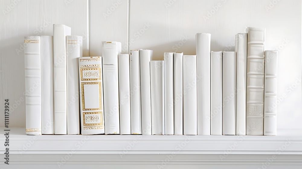 A stack of white books with gold lettering on a white shelf A stack of white books with gold lettering on a white shelf