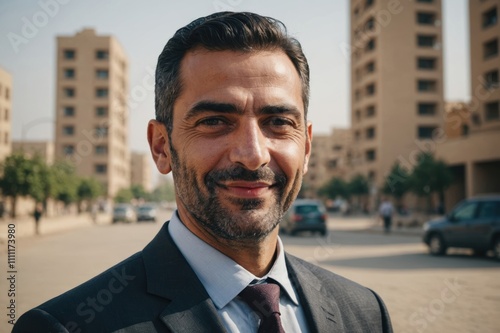 Close portrait of a smiling 40s Iraqi businessman looking at the camera, Iraqi big city outdoors blurred background