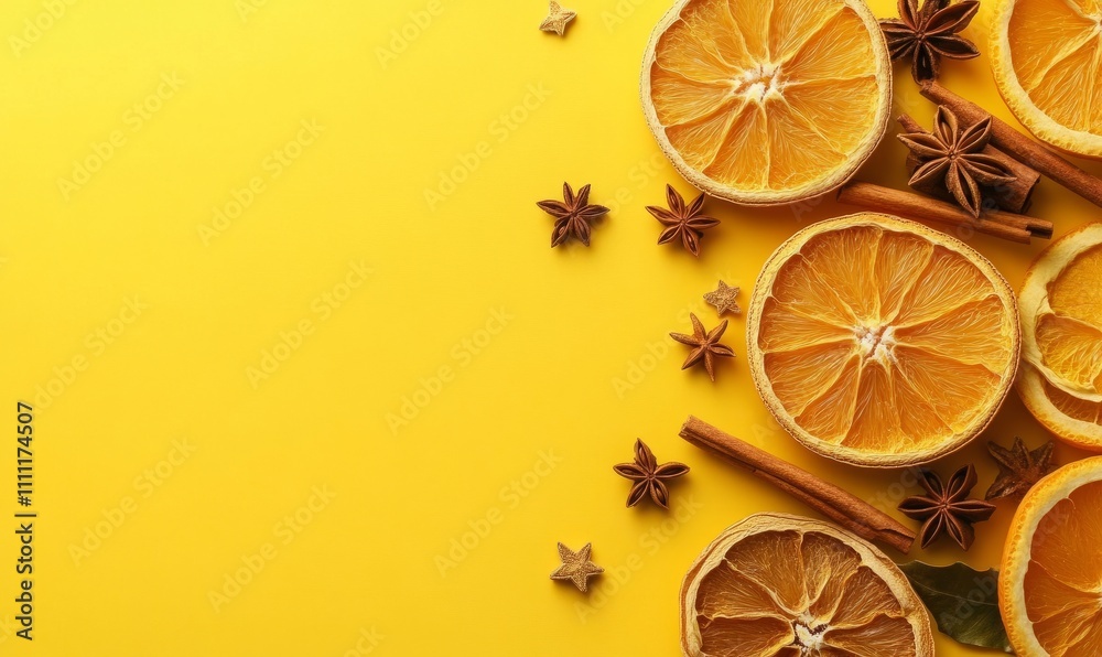 Christmas flat lay with dried oranges, star anise, and cinnamon on a vibrant yellow background, perfect for seasonal decor Christmas flat lay with dried oranges, star anise, and cinnamon on a vibrant yellow background, perfect for seasonal decor