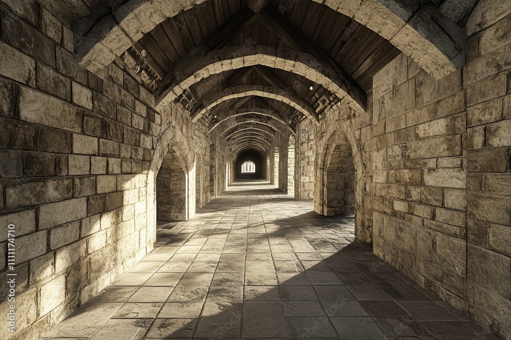 Fototapeta premium Stone passageway, arched ceiling, sunlight, ancient architecture.