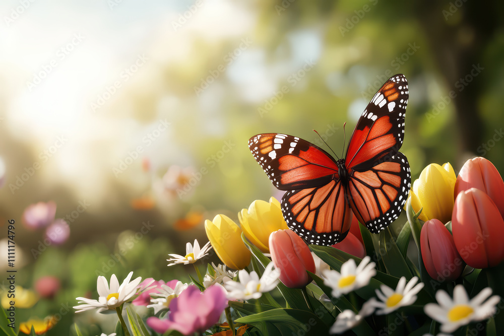 vibrant butterfly resting on blooming flowers in sunlight, showcasing nature beauty and tranquility vibrant butterfly resting on blooming flowers in sunlight, showcasing nature beauty and tranquility