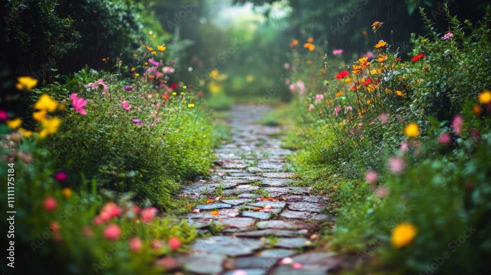 Obraz premium Serene Garden Pathway, a winding stone trail embraced by lush grass and vibrant blossoms, inviting peaceful exploration in a tranquil outdoor setting.