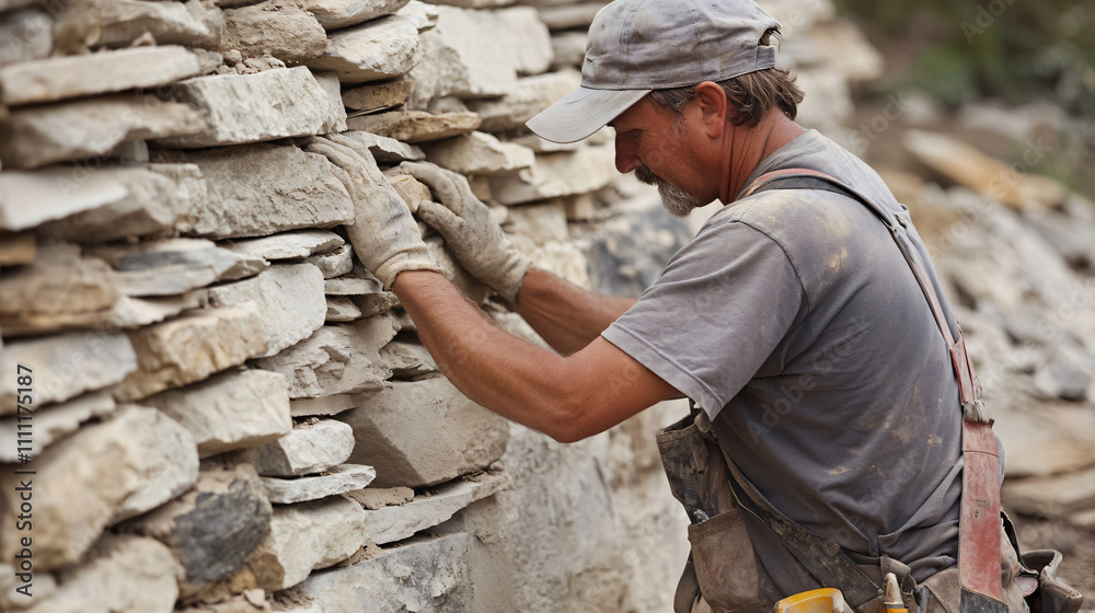 A mason constructing a stone wall, using ancient techniques to create durable and strong architecture. A mason constructing a stone wall, using ancient techniques to create durable and strong architecture.