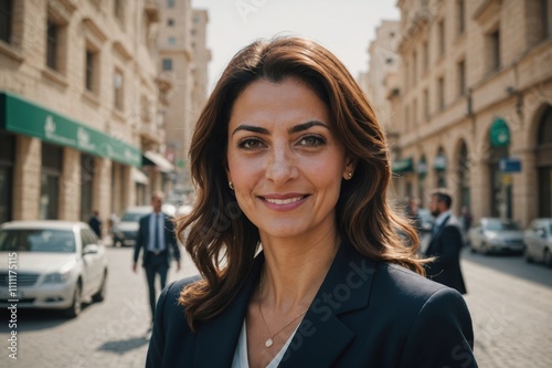 Close portrait of a smiling 40s Jordanian businesswoman looking at the camera, Jordanian big city outdoors blurred background