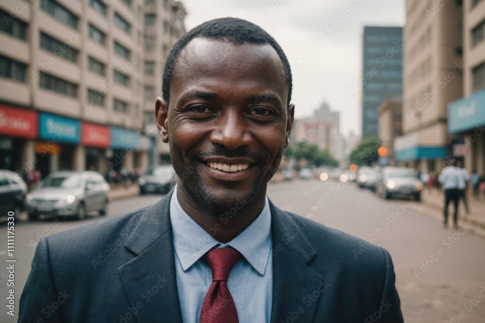 Close portrait of a smiling 40s Kenyan businessman looking at the camera, Kenyan big city outdoors blurred background Close portrait of a smiling 40s Kenyan businessman looking at the camera, Kenyan big city outdoors blurred background