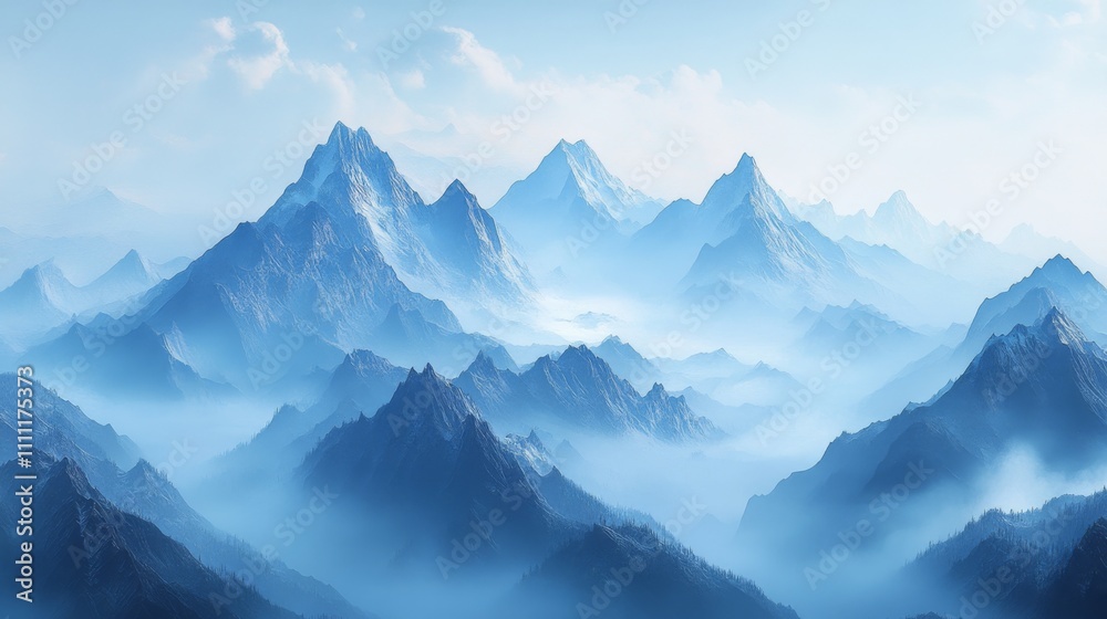 Misty Blue Mountains with Snow-Capped Peaks Misty Blue Mountains with Snow-Capped Peaks