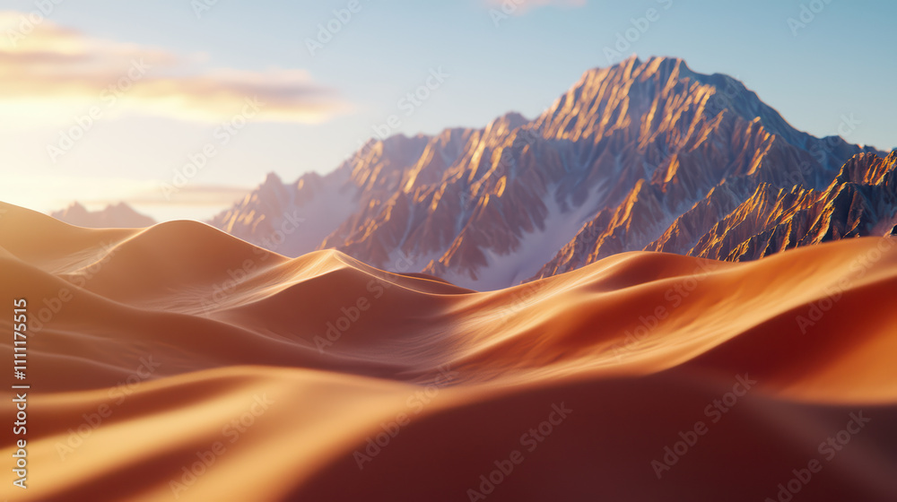 Naklejka premium Breathtaking desert landscape with rolling dunes and distant mountains, showcasing beauty of nature at sunset. warm colors create serene atmosphere