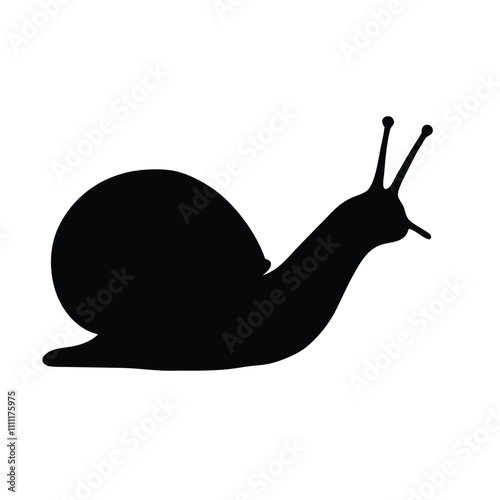 A black and white drawing of a snail. The snail is curled up and has a long, pointed horn on its head