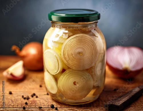 Pickled onions in jar, preserved in vinegar with ingredients on wooden table  photo