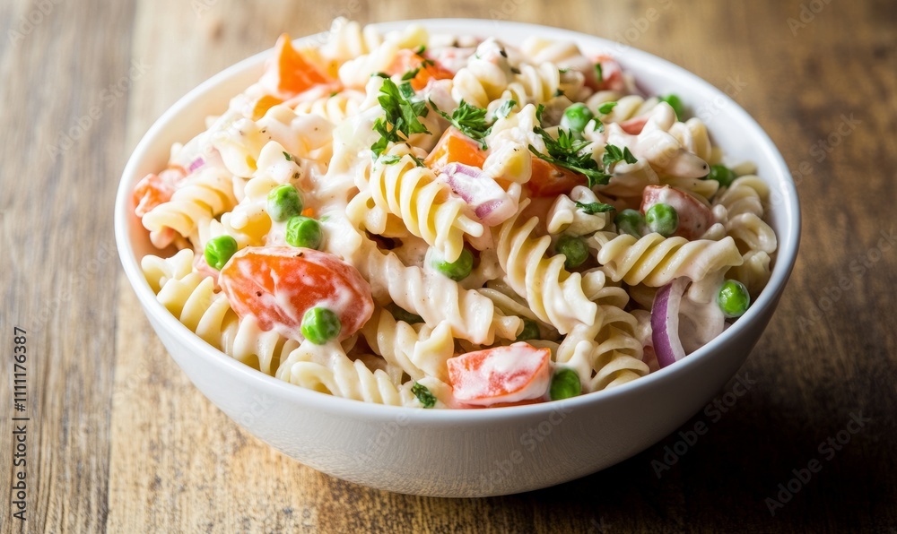 Elbow Pasta Salad with Carrots, Onions, Tomatoes, Green Peas, and Mayonnaise Dressing in a White Bowl on a Wooden Surface Elbow Pasta Salad with Carrots, Onions, Tomatoes, Green Peas, and Mayonnaise Dressing in a White Bowl on a Wooden Surface