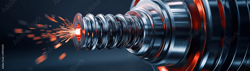 Closeup of industrial machinery with sparks and metallic design, showcasing intricate details and dynamic energy. image captures essence of modern engineering and craftsmanship
