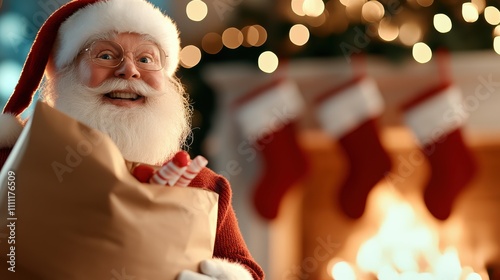 A jolly Santa Claus with rosy cheeks is joyously holding a gift bag in front of a crackling fireplace, surrounded by warm festive lights and holiday stockings. photo