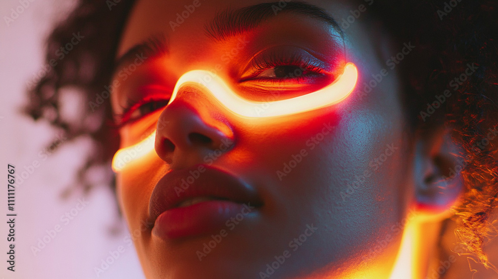 Close shot of a girl experiencing a light therapy facial with a glowing LED mask. Close shot of a girl experiencing a light therapy facial with a glowing LED mask.