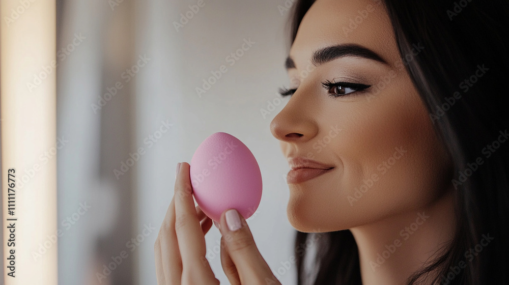 Focused view of a makeup artist applying foundation flawlessly with a beauty blender. Focused view of a makeup artist applying foundation flawlessly with a beauty blender.