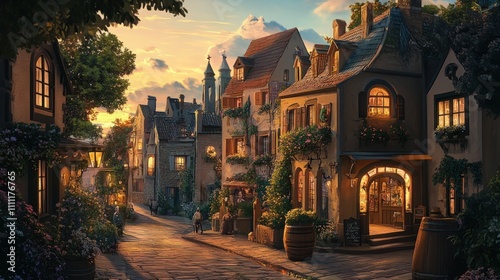 Sunset illuminates charming, flower-filled medieval village street.