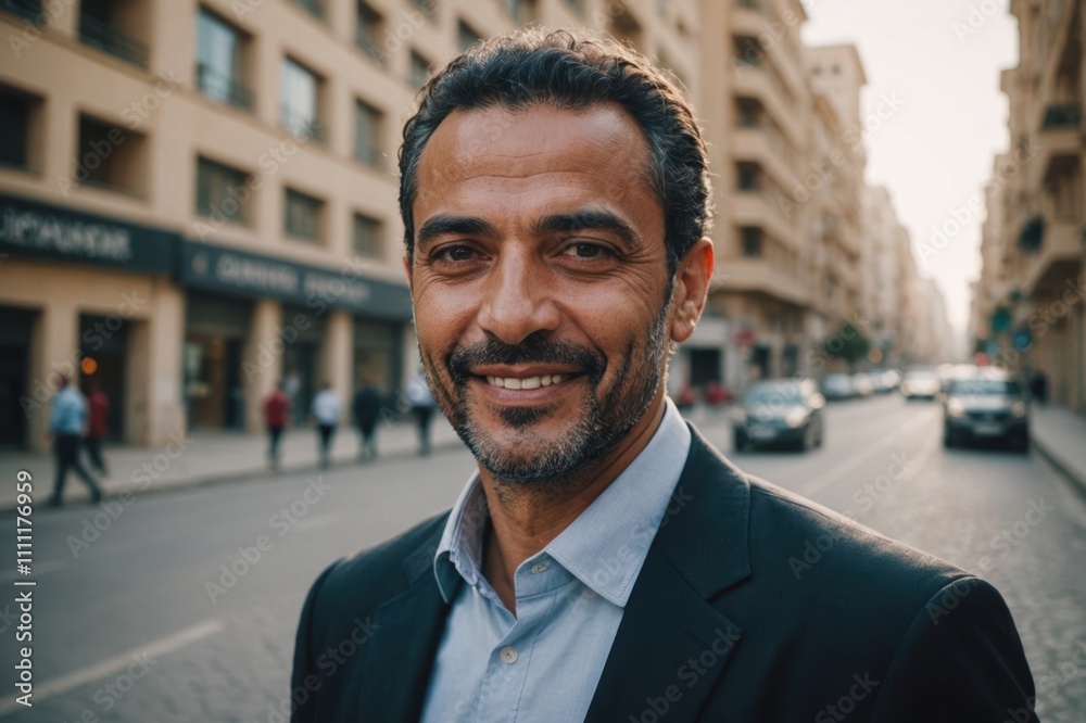 Close portrait of a smiling 40s Libyan businessman looking at the camera, Libyan big city outdoors blurred background Close portrait of a smiling 40s Libyan businessman looking at the camera, Libyan big city outdoors blurred background