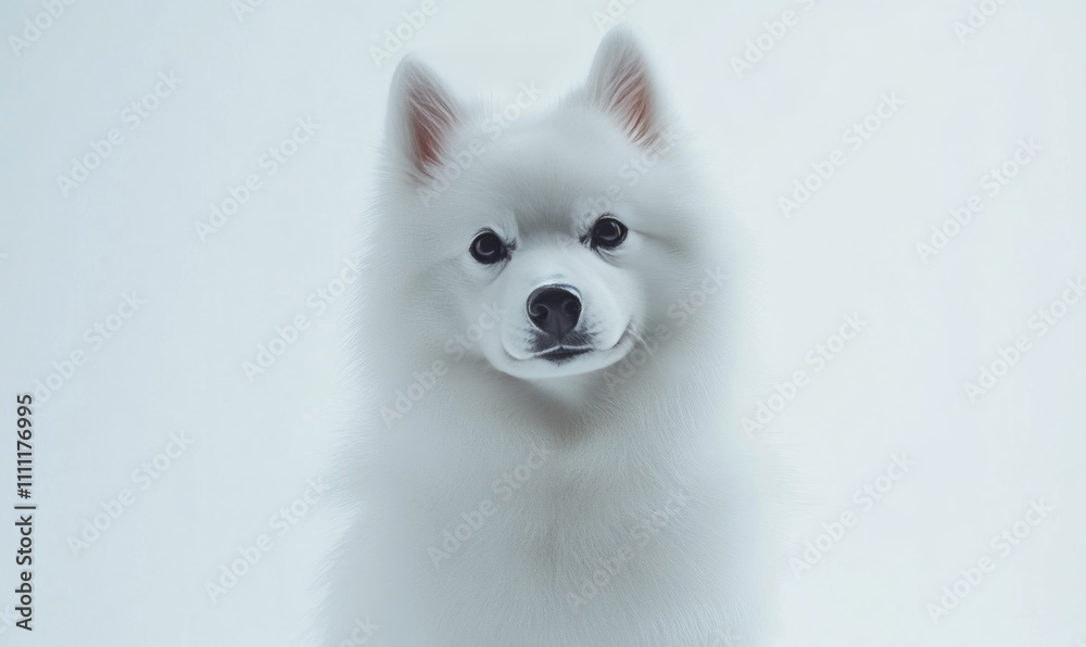 Fluffy Japanese white spitz posing against a pristine white background, perfect for pet photography or breeds showcase Fluffy Japanese white spitz posing against a pristine white background, perfect for pet photography or breeds showcase